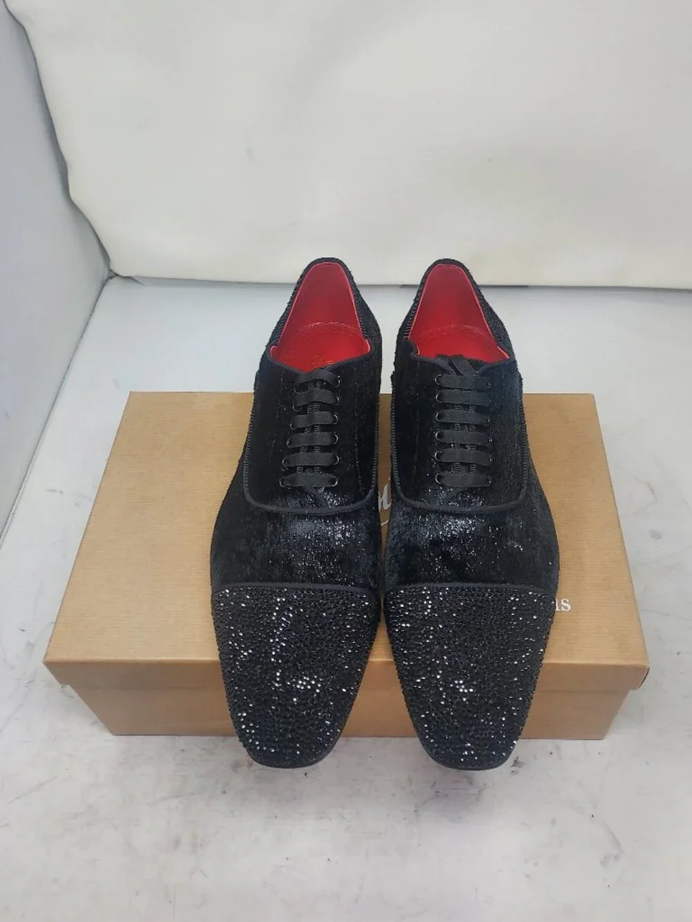 Christian Louboutin Black Greggy Chick Bejeweled Strass Lace Up Velvet Loafer